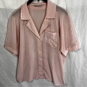 Vintage Danielle Dumar German Made Pink Blouse Satin Sleep Shirt 38 Embroidered